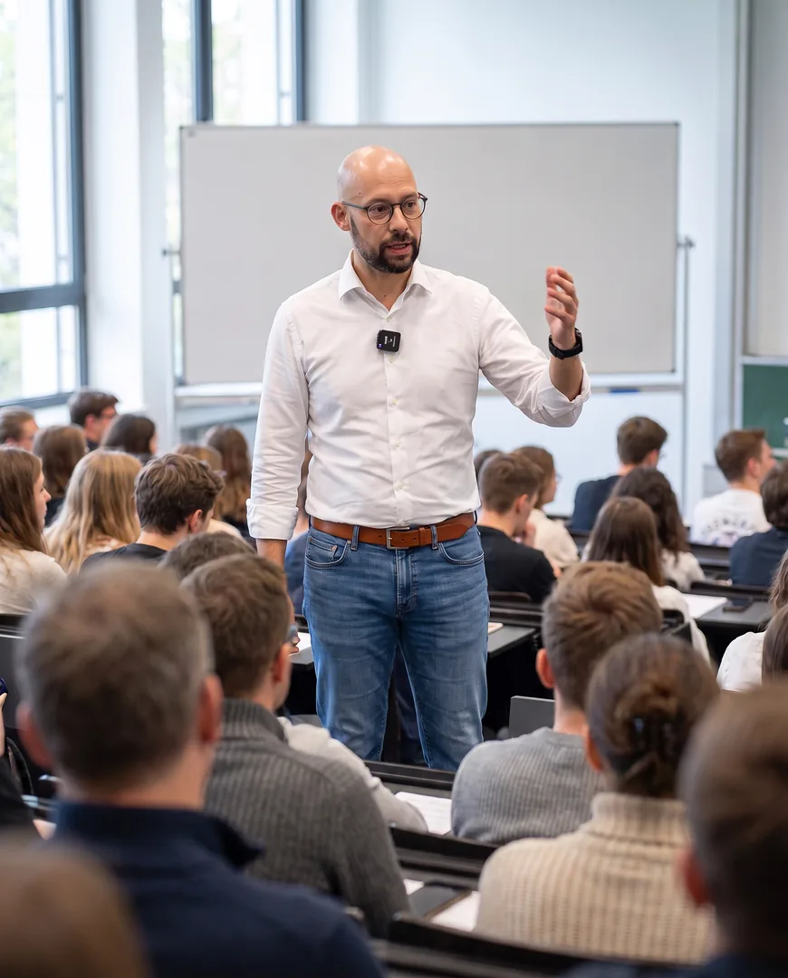 Giuseppe holder oplæg i en fyldt forelæsningssal
